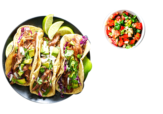 Product shot of tacos and pico de gallo